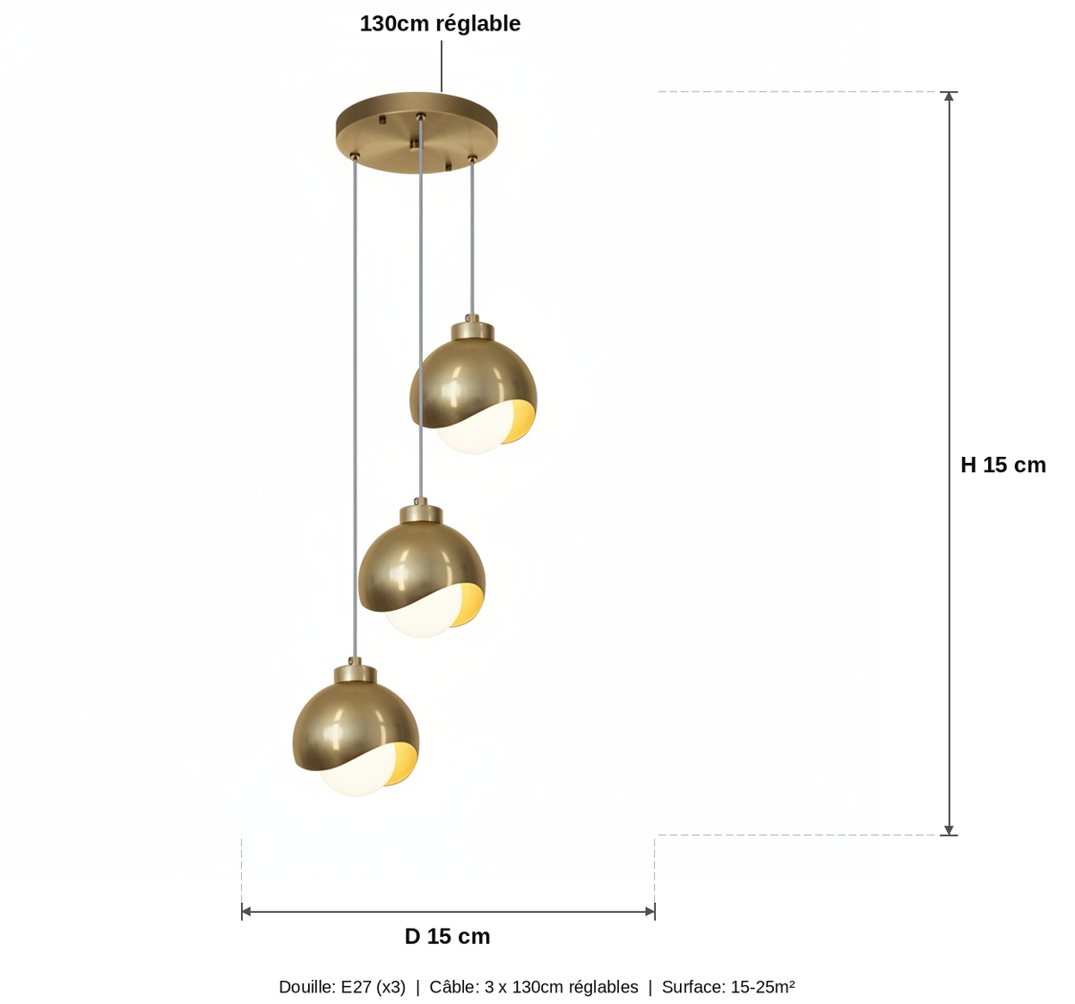 Suspension 3 Boules Métal Doré Design Moderne - schéma des dimensions