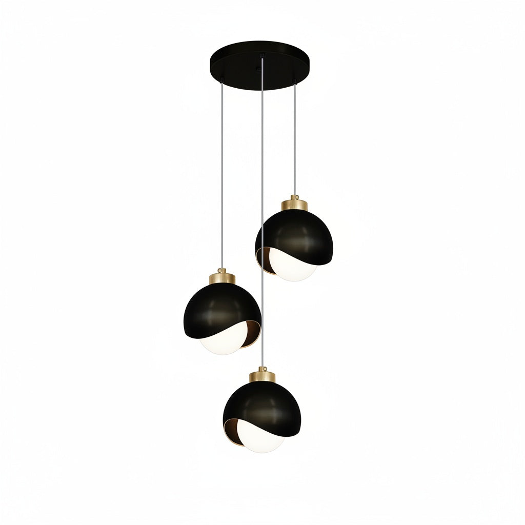 Suspension 3 Lumières Design Boule Métal Noir Laiton - vue produit sur fond blanc