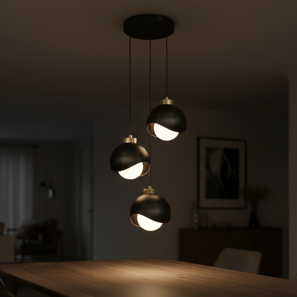 Suspension 3 Lumières Design Boule Métal Noir Laiton allumée diffusant sa lumière