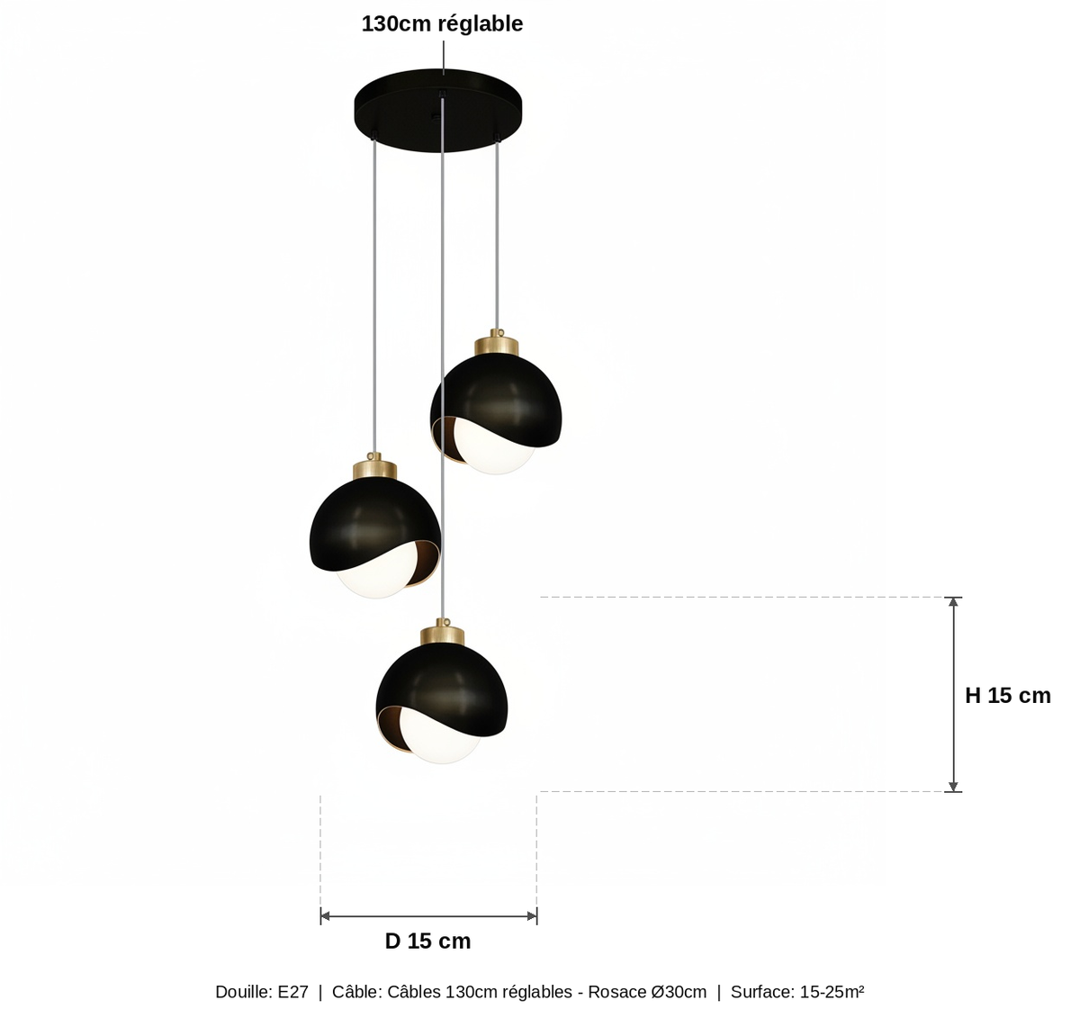 Suspension 3 Lumières Design Boule Métal Noir Laiton - schéma des dimensions