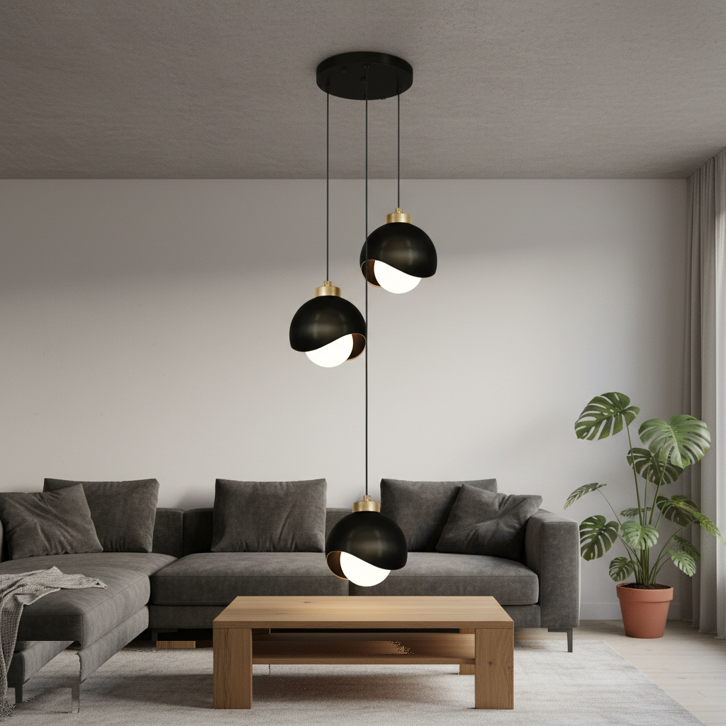 Suspension 3 Lumières Design Boule Métal Noir Laiton en situation décorative