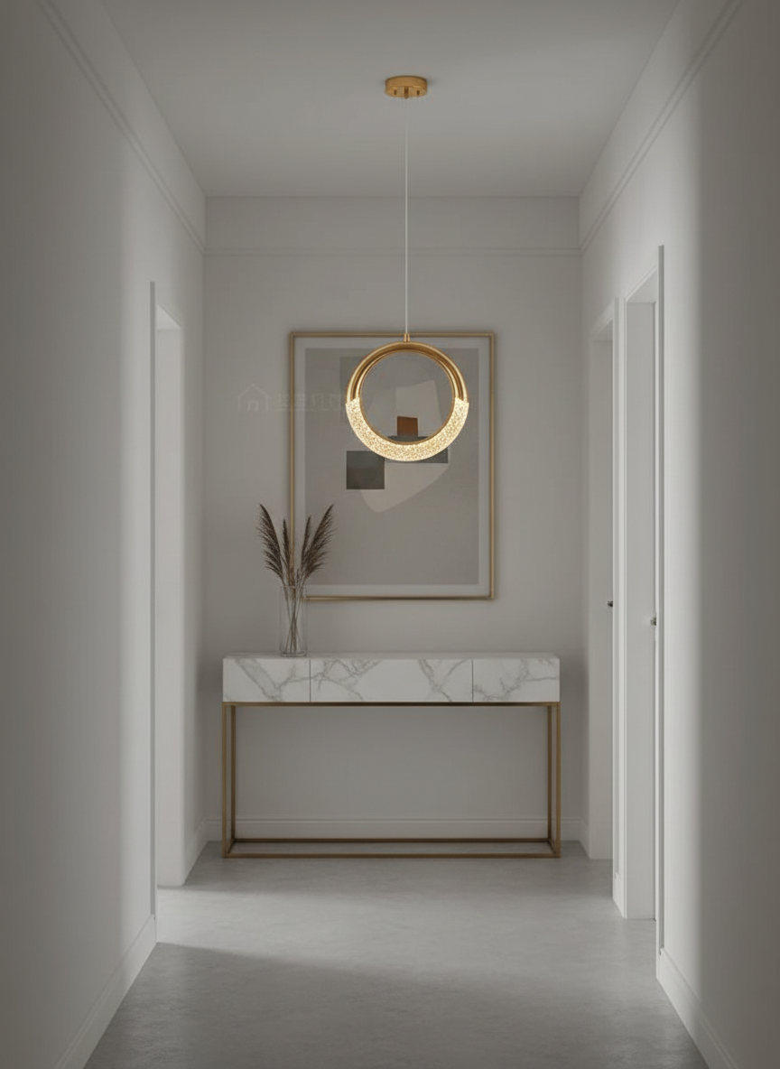Suspension Anneau LED Acrylique Cristal Design Doré en situation décorative