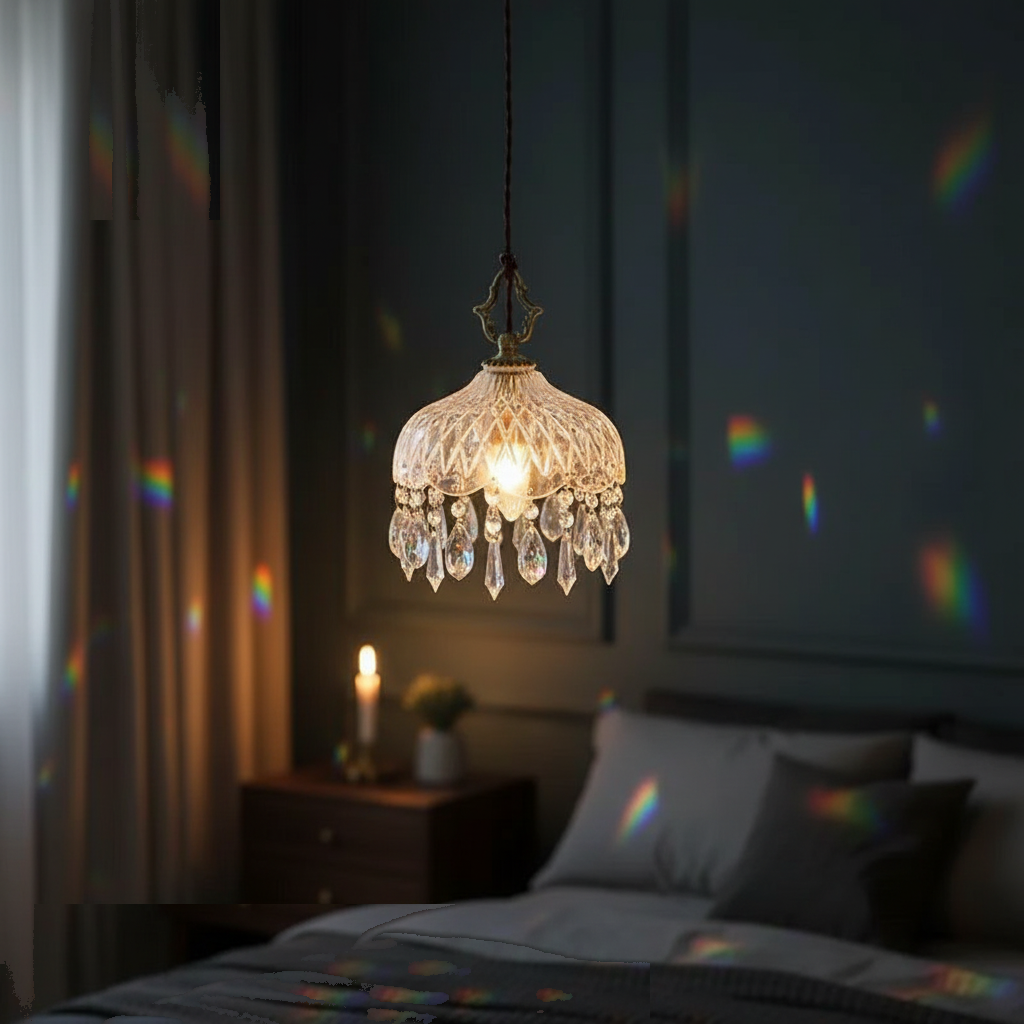 Suspension Art Déco Verre Ciselé Pendeloques Cristal allumée diffusant sa lumière