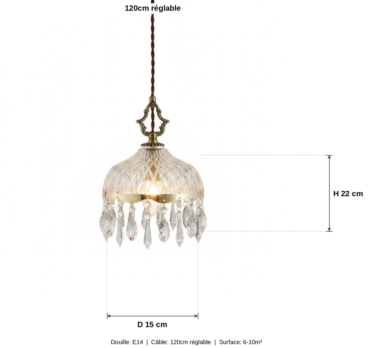 Suspension Art Déco Verre Ciselé Pendeloques Cristal - schéma des dimensions