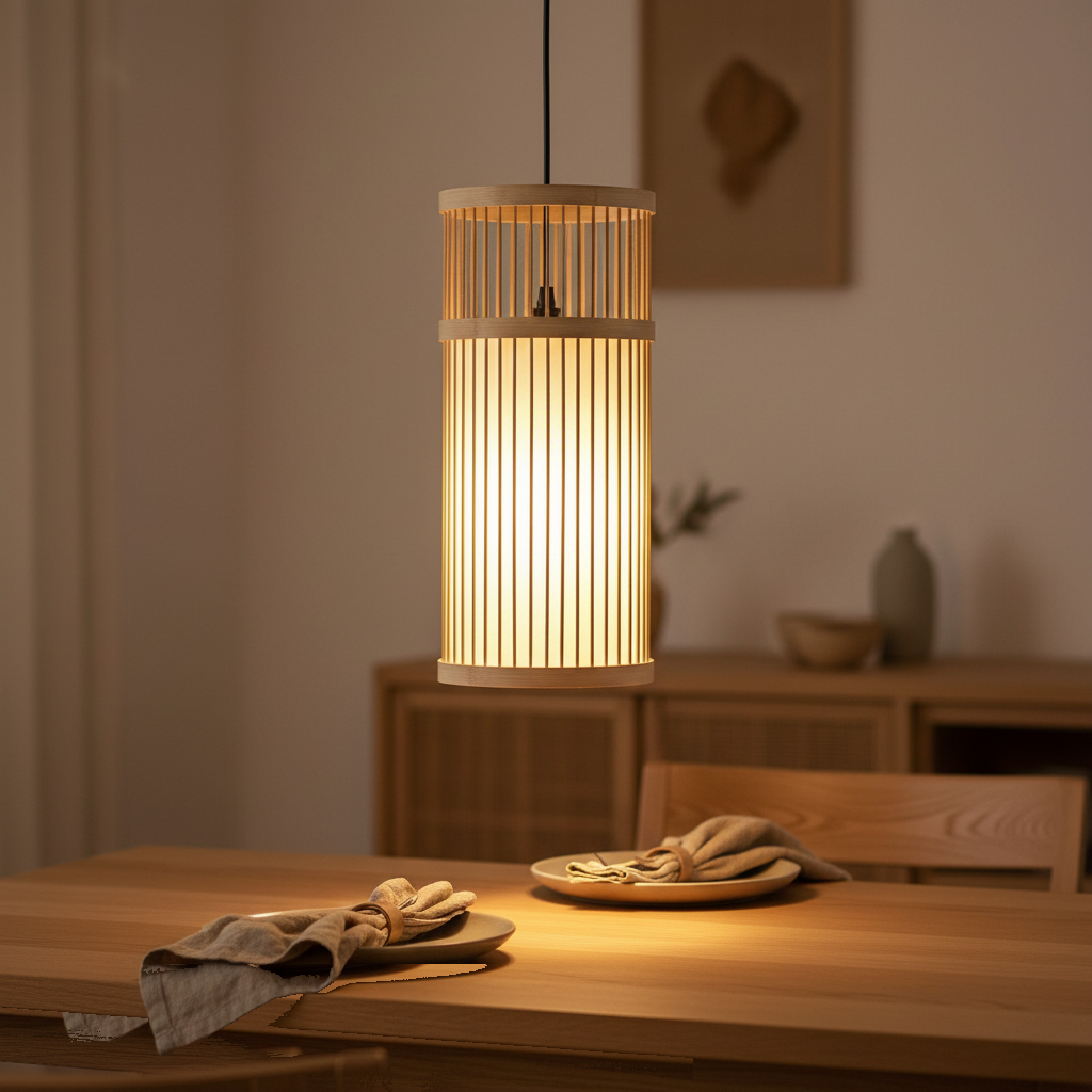 Suspension Bambou Cylindrique Parchemin mise en ambiance dans un intérieur Image