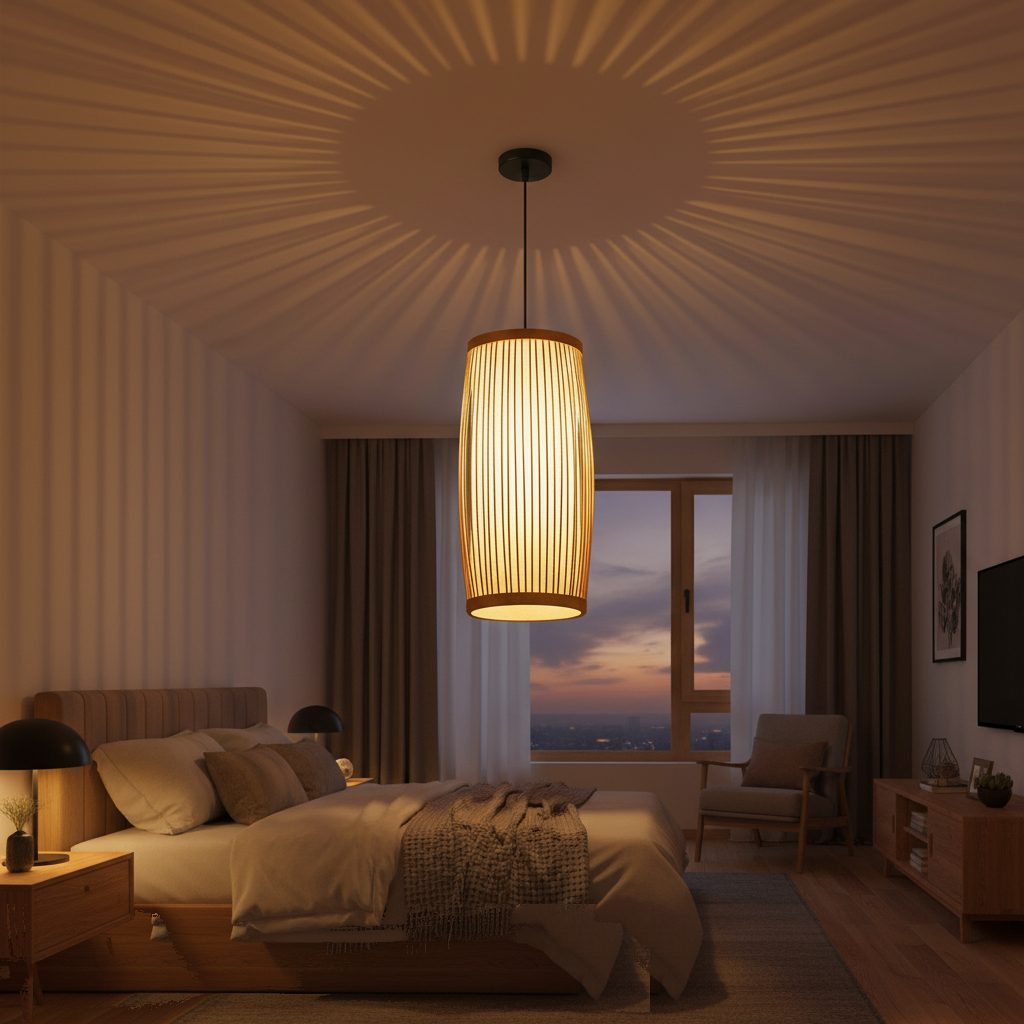 Suspension Bambou Cylindrique Zen allumée diffusant sa lumière