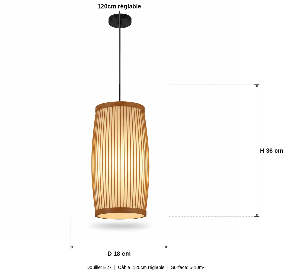 Suspension Bambou Cylindrique Zen - schéma des dimensions