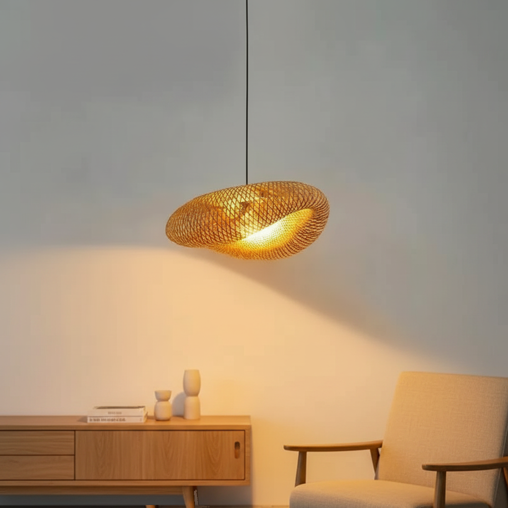 Suspension Bambou Disque Plat Japandi 36cm mise en ambiance dans un intérieur - vue 1/2