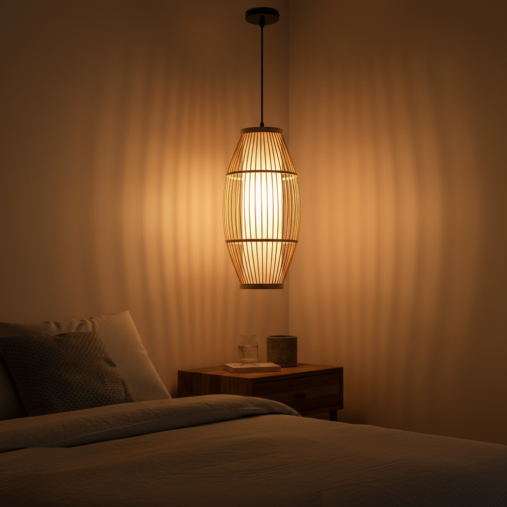 Suspension Bambou Lanterne Ovale allumée diffusant sa lumière