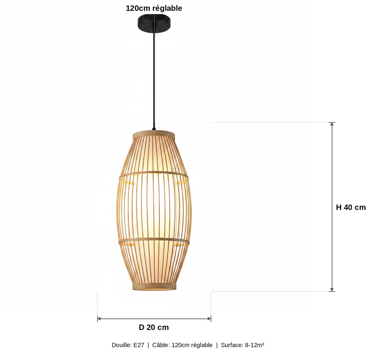 Suspension Bambou Lanterne Ovale - schéma des dimensions