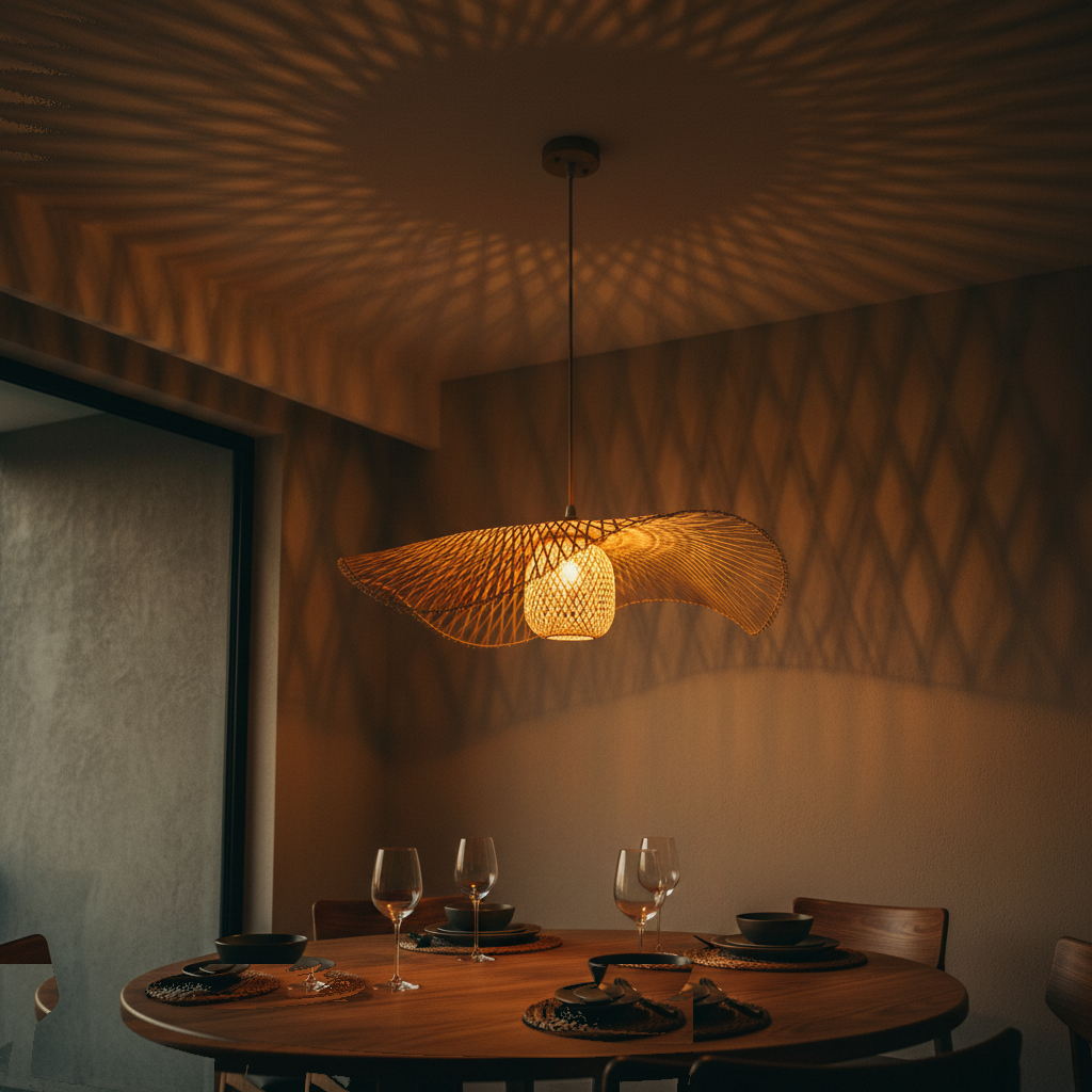 Suspension Bambou Ondulée Tressée allumée diffusant sa lumière