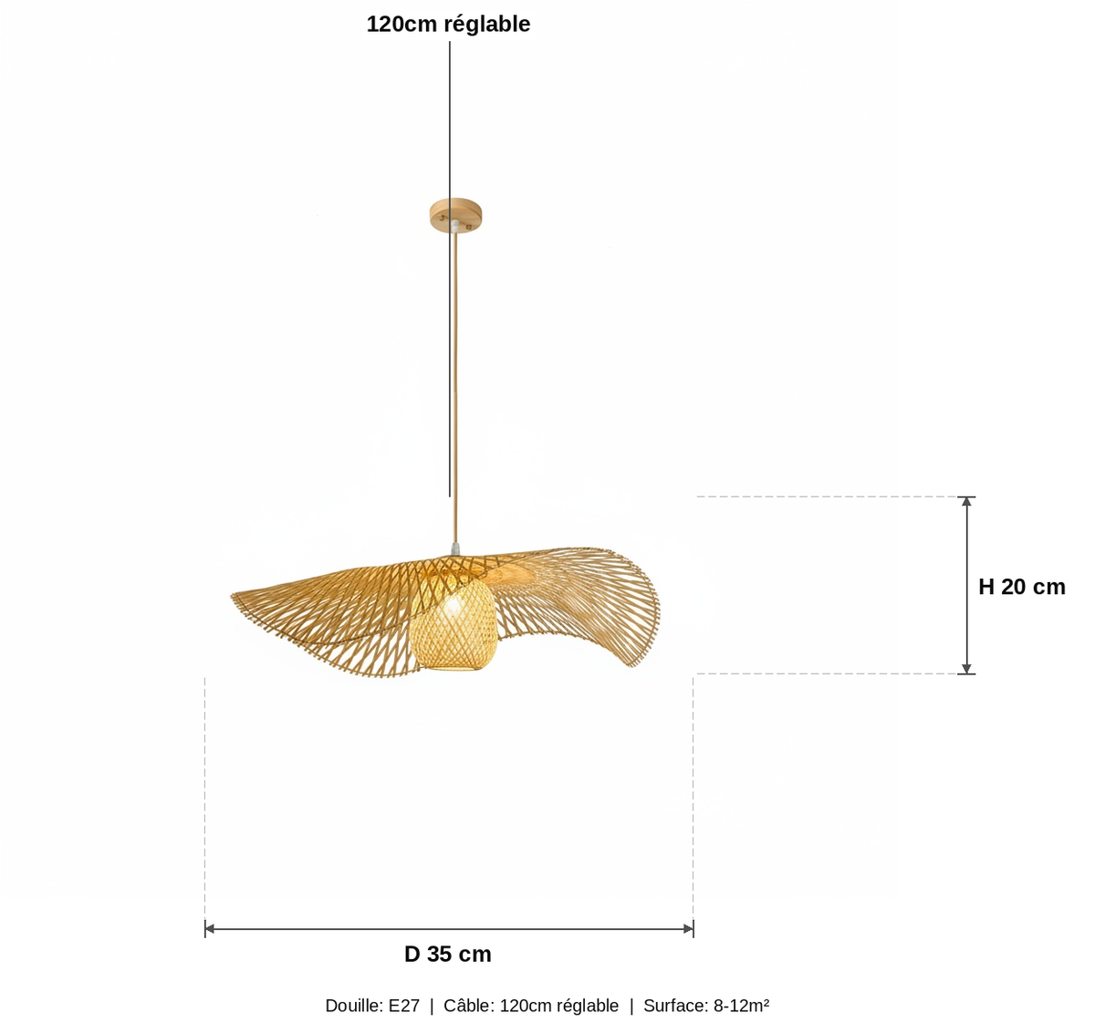 Suspension Bambou Ondulée Tressée - schéma des dimensions