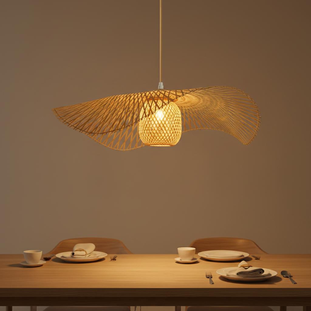 Suspension Bambou Ondulée Tressée mise en ambiance dans un intérieur