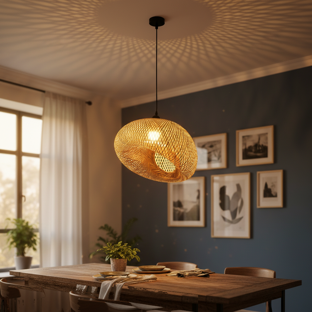 Suspension Bambou Tressée Boule Noeud Naturelle allumée diffusant sa lumière