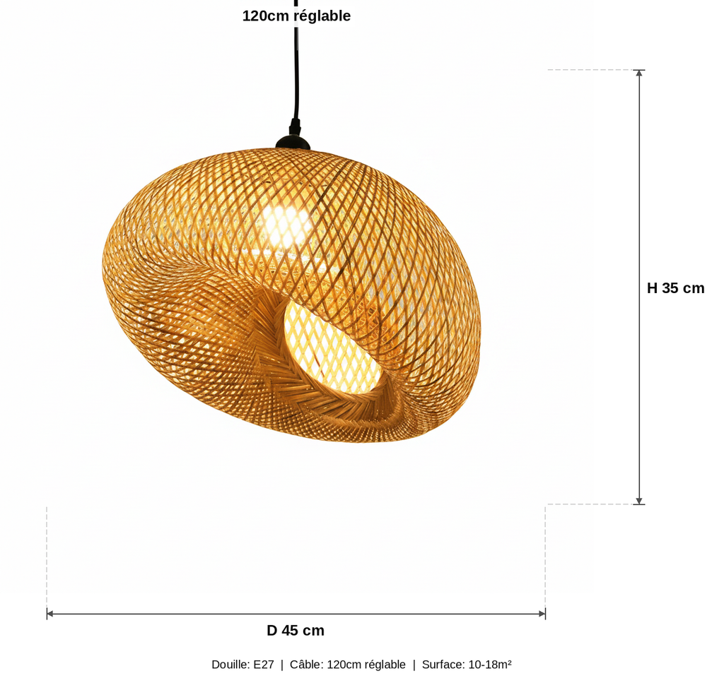 Suspension Bambou Tressée Boule Noeud Naturelle - schéma des dimensions