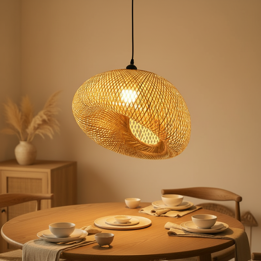 Suspension Bambou Tressée Boule Noeud Naturelle mise en ambiance dans un intérieur
