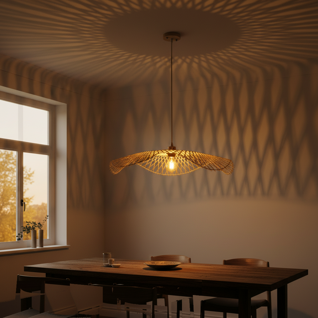 Suspension Bambou Tressé Chapeau Ondulé allumée diffusant sa lumière