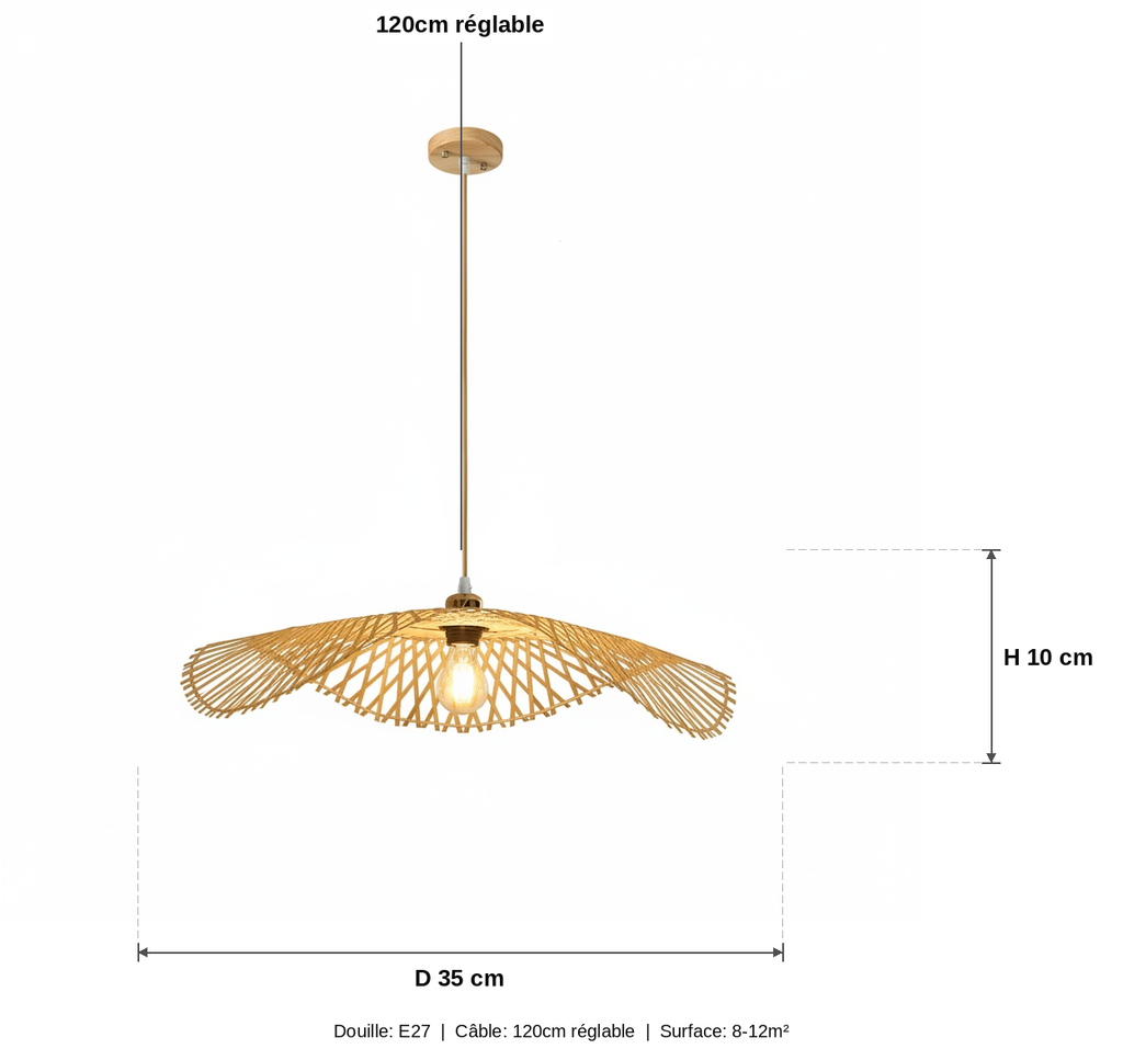 Suspension Bambou Tressé Chapeau Ondulé - schéma des dimensions