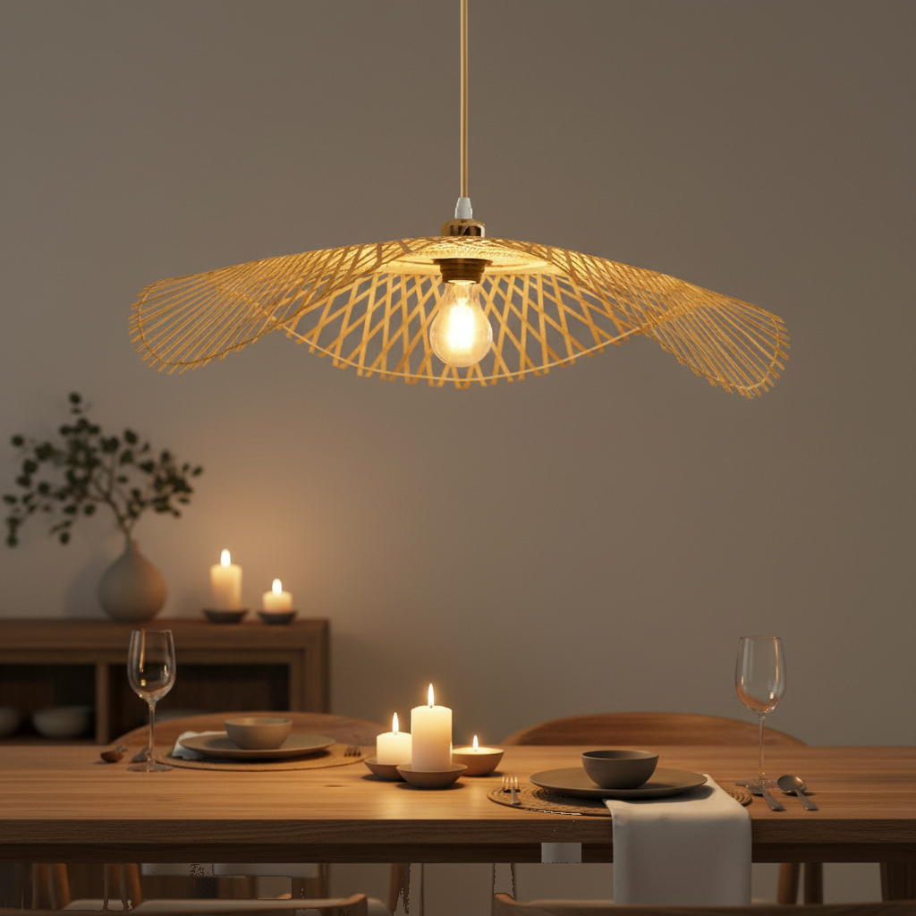Suspension Bambou Tressé Chapeau Ondulé mise en ambiance dans un intérieur