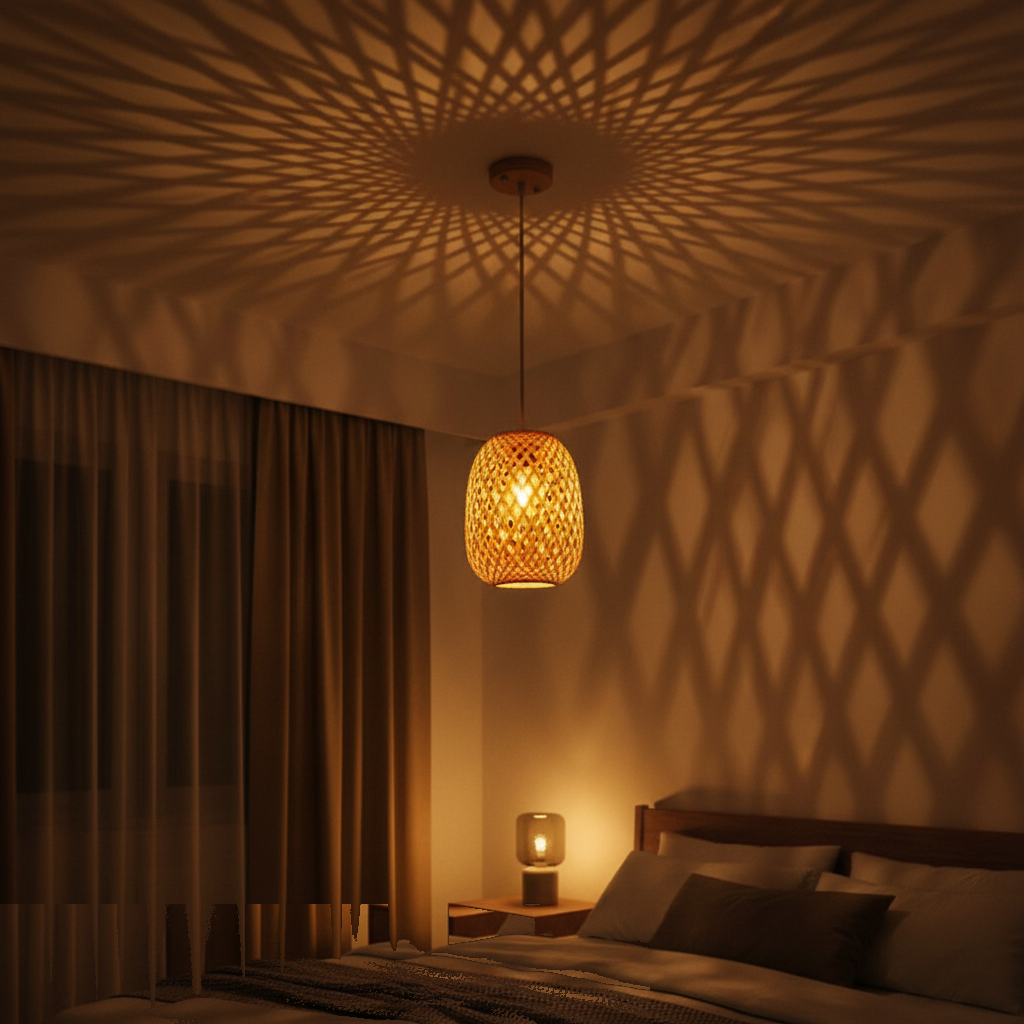 Suspension Bambou Tressé Cloche Naturelle allumée diffusant sa lumière