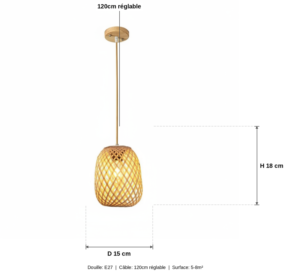 Suspension Bambou Tressé Cloche Naturelle - schéma des dimensions