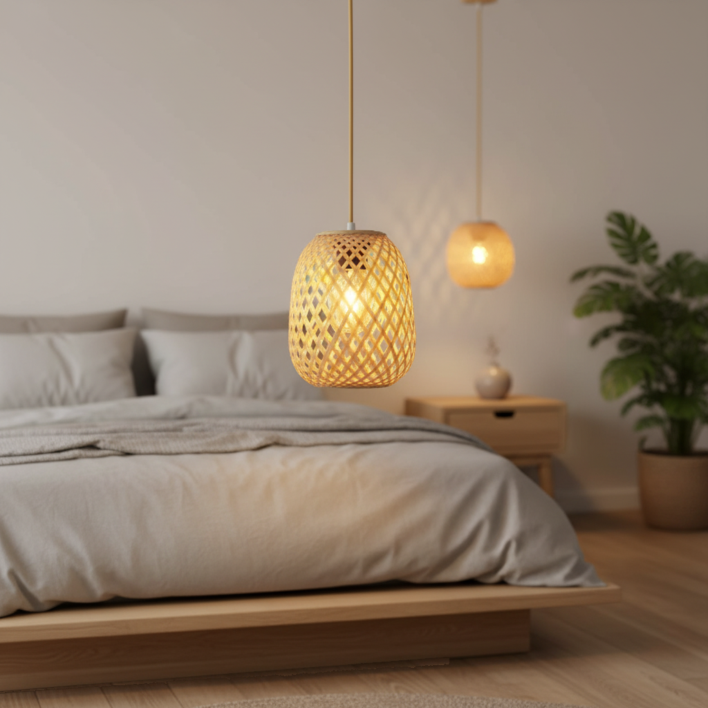 Suspension Bambou Tressé Cloche Naturelle mise en ambiance dans un intérieur