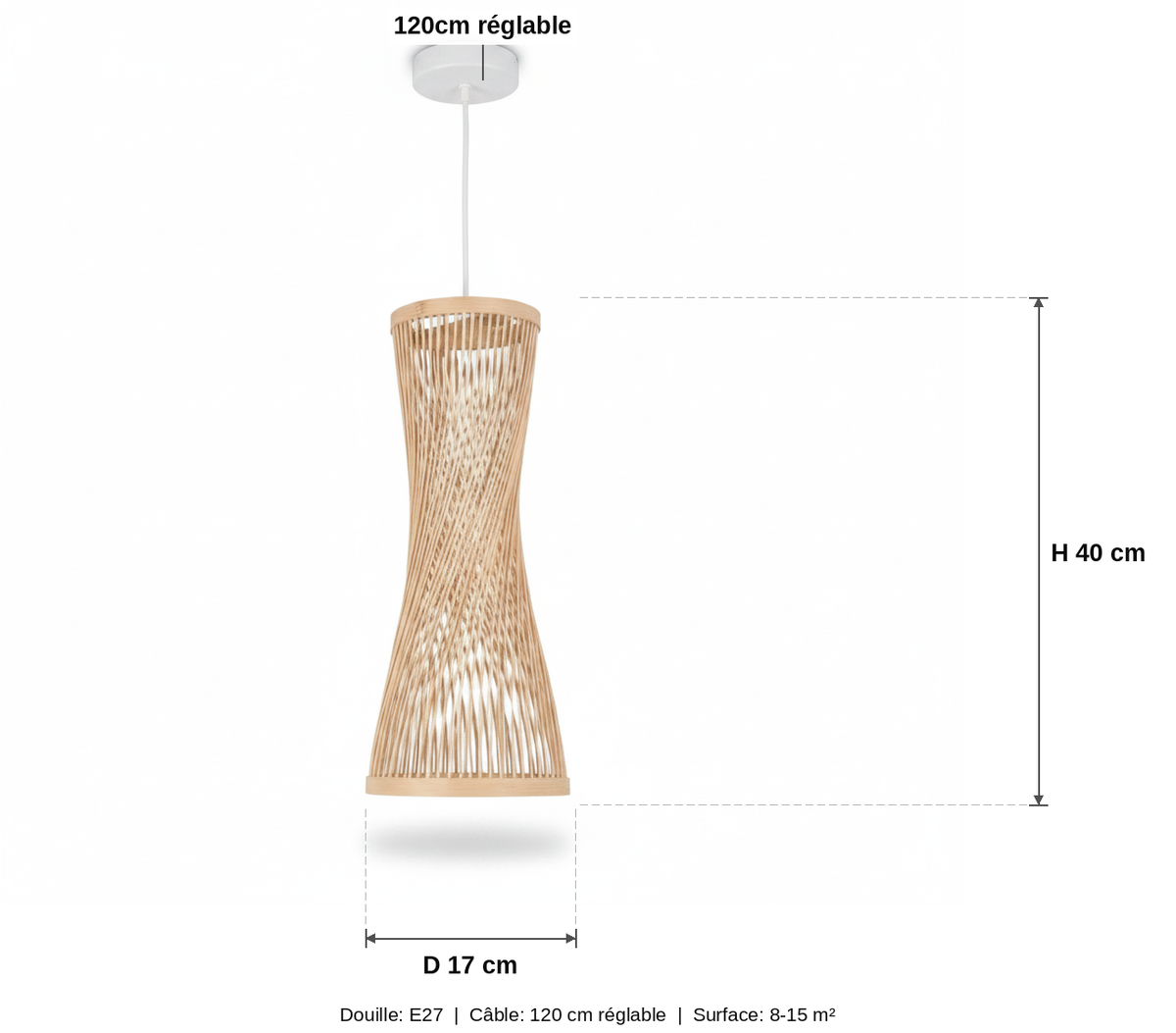 Suspension Bambou Tressé Japandi Sablier - schéma des dimensions (finition blanche)
