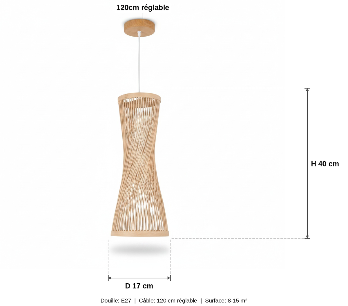 Suspension Bambou Tressé Japandi Sablier - schéma des dimensions (finition bois naturel)