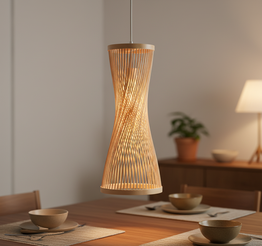 Suspension Bambou Tressé Japandi Sablier mise en ambiance dans un intérieur