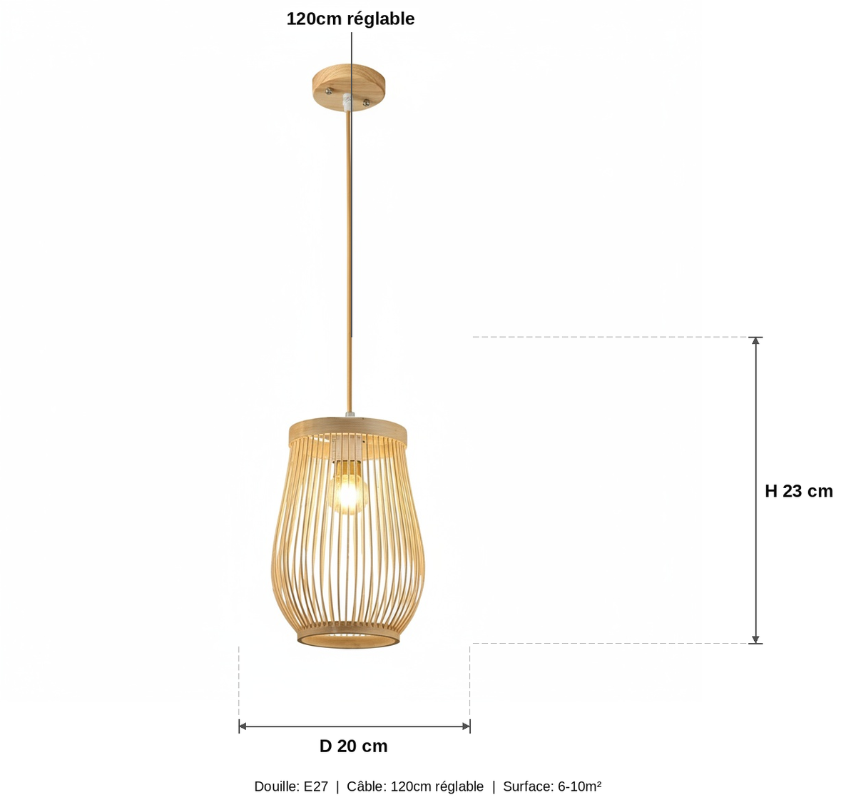 Suspension Bambou Tressé Lanterne Naturelle - schéma des dimensions