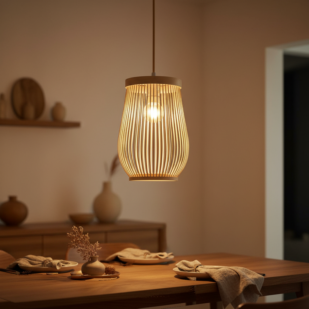 Suspension Bambou Tressé Lanterne Naturelle mise en ambiance dans un intérieur