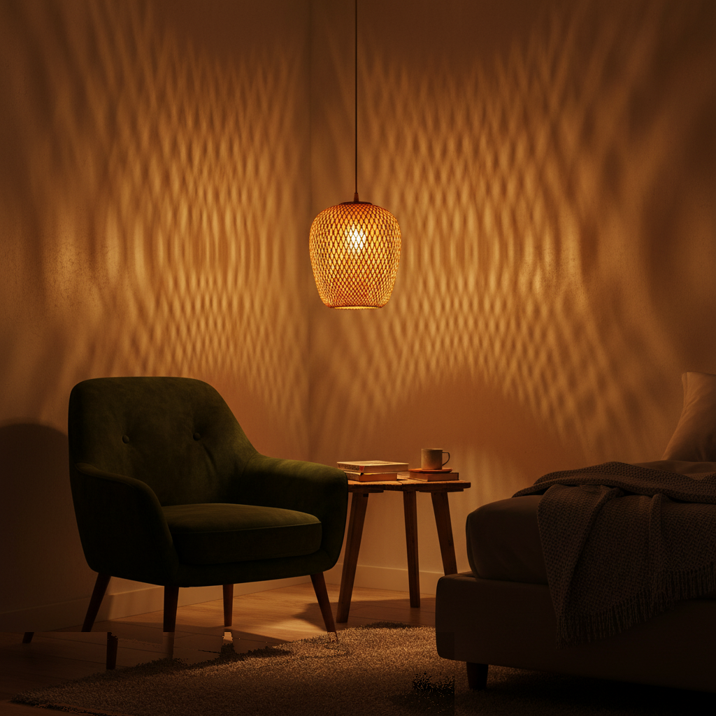 Suspension Bambou Tressé Rond 23cm Chambre Cocooning allumée diffusant sa lumière - vue 1/2