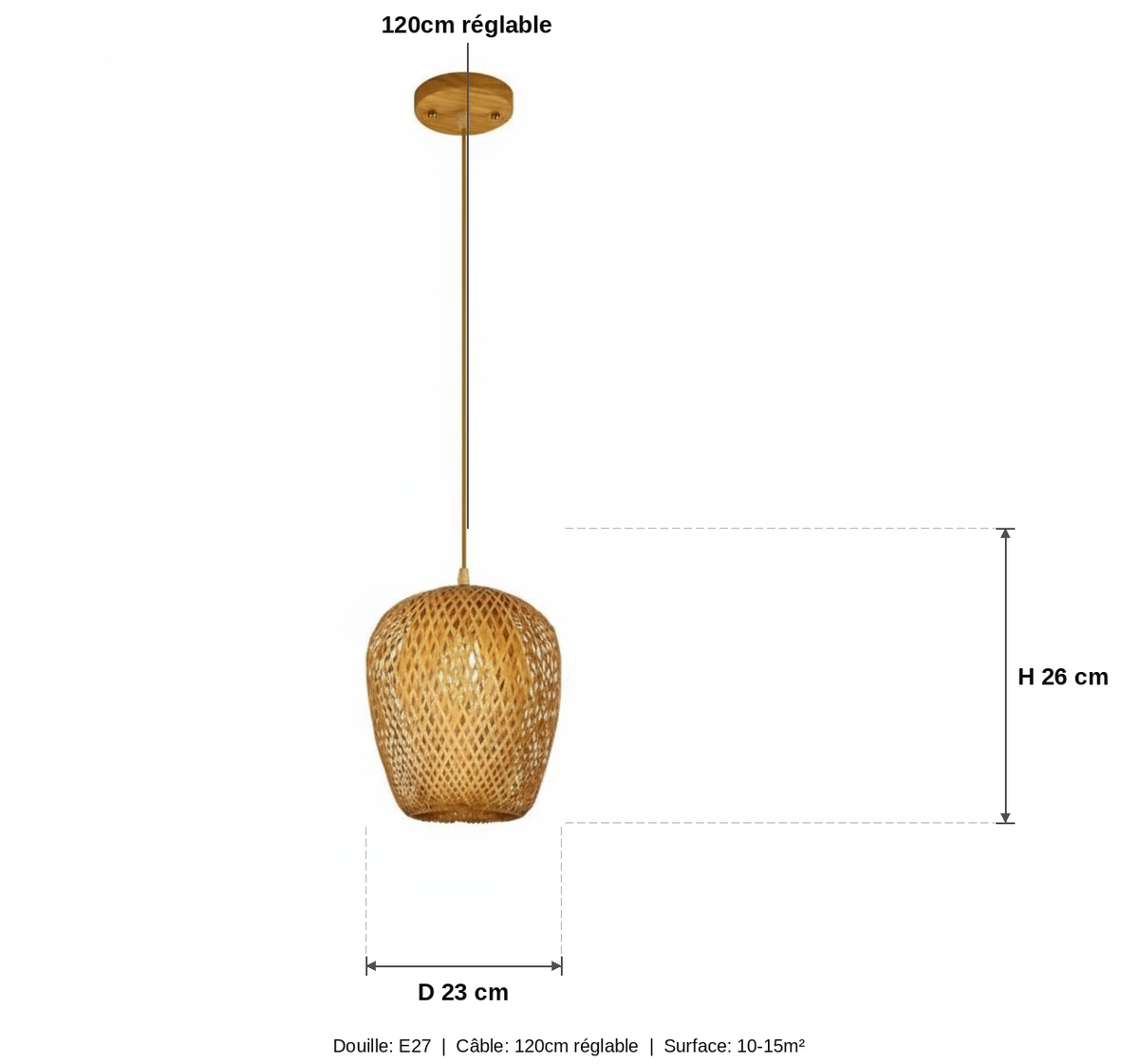 Suspension Bambou Tressé Rond 23cm Chambre Cocooning - schéma des dimensions - vue 1/2