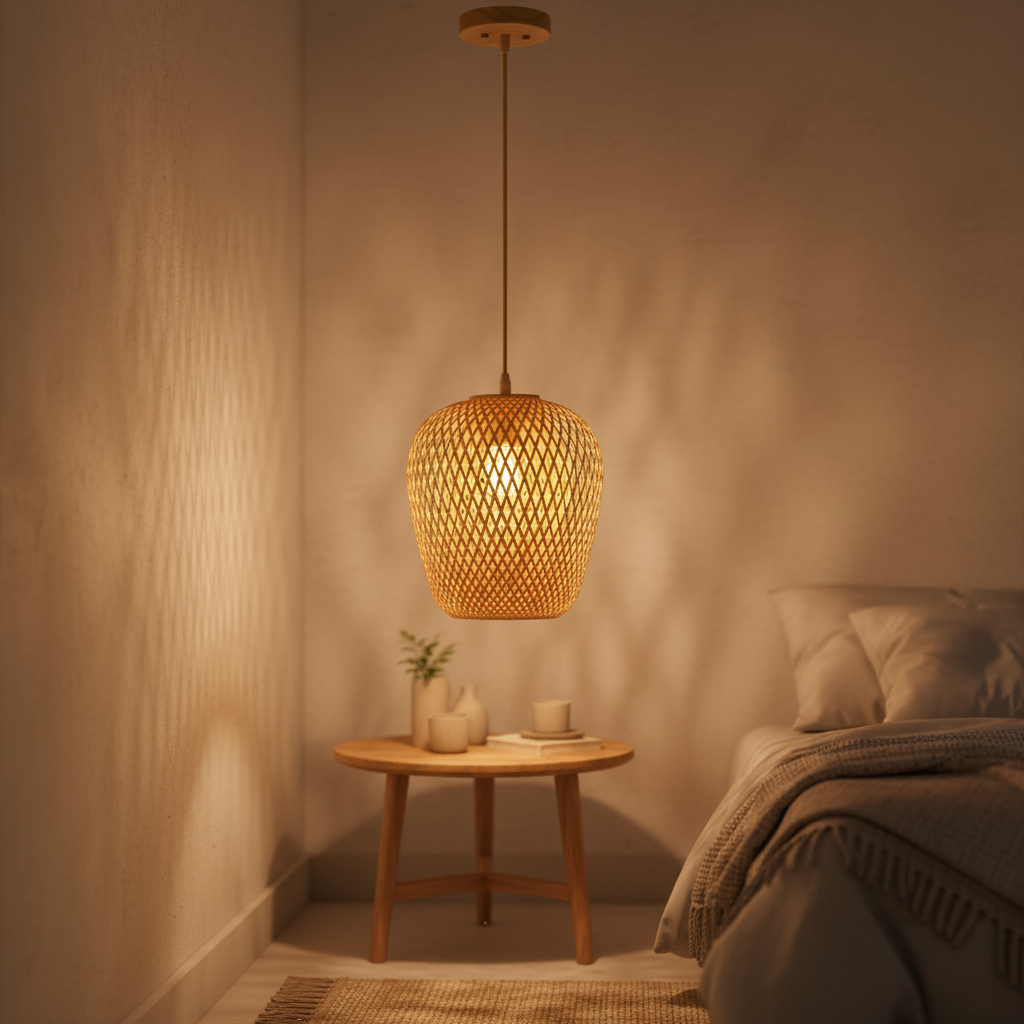 Suspension Bambou Tressé Rond 23cm Chambre Cocooning mise en ambiance dans un intérieur - vue 1/2
