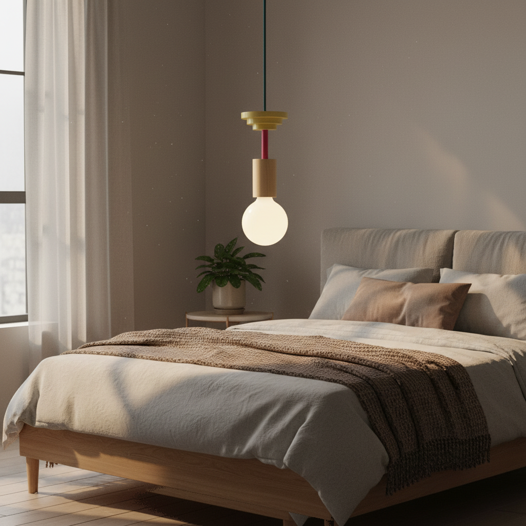 Suspension Bois Colorée Design Nordique allumée diffusant sa lumière