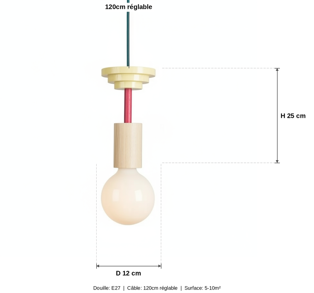 Suspension Bois Colorée Design Nordique - schéma des dimensions