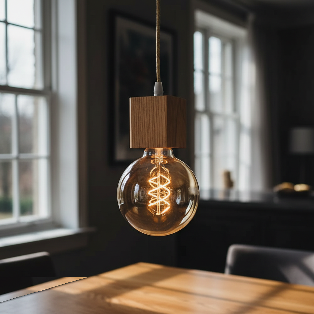 Suspension Bois Cube Design Vintage allumée diffusant sa lumière