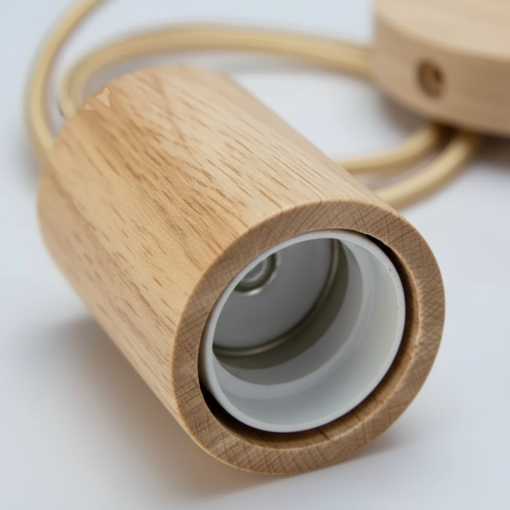 Suspension Bois Cylindrique - Douille E27 Minimaliste - gros plan sur les détails de fabrication