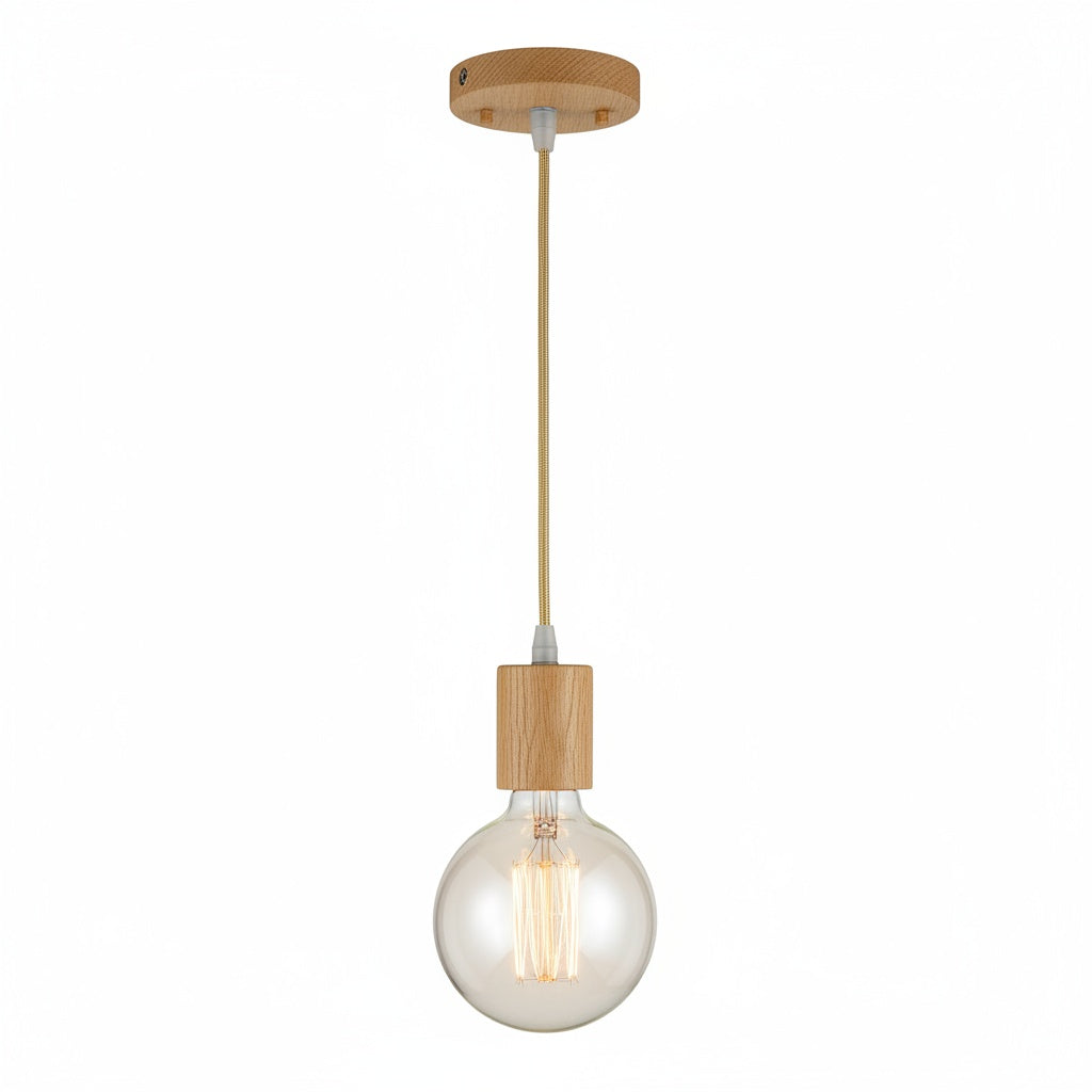 Suspension Bois Cylindrique - Douille E27 Minimaliste - vue produit sur fond blanc
