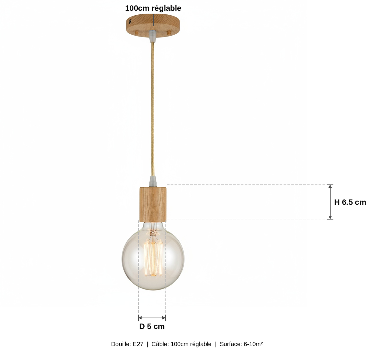 Suspension Bois Cylindrique - Douille E27 Minimaliste - schéma des dimensions