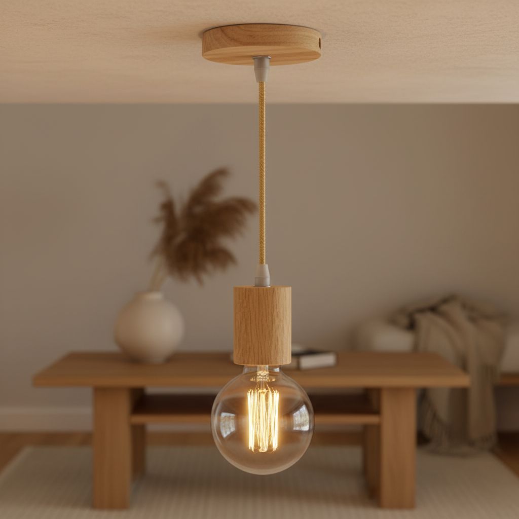 Suspension Bois Cylindrique - Douille E27 Minimaliste mise en ambiance dans un intérieur
