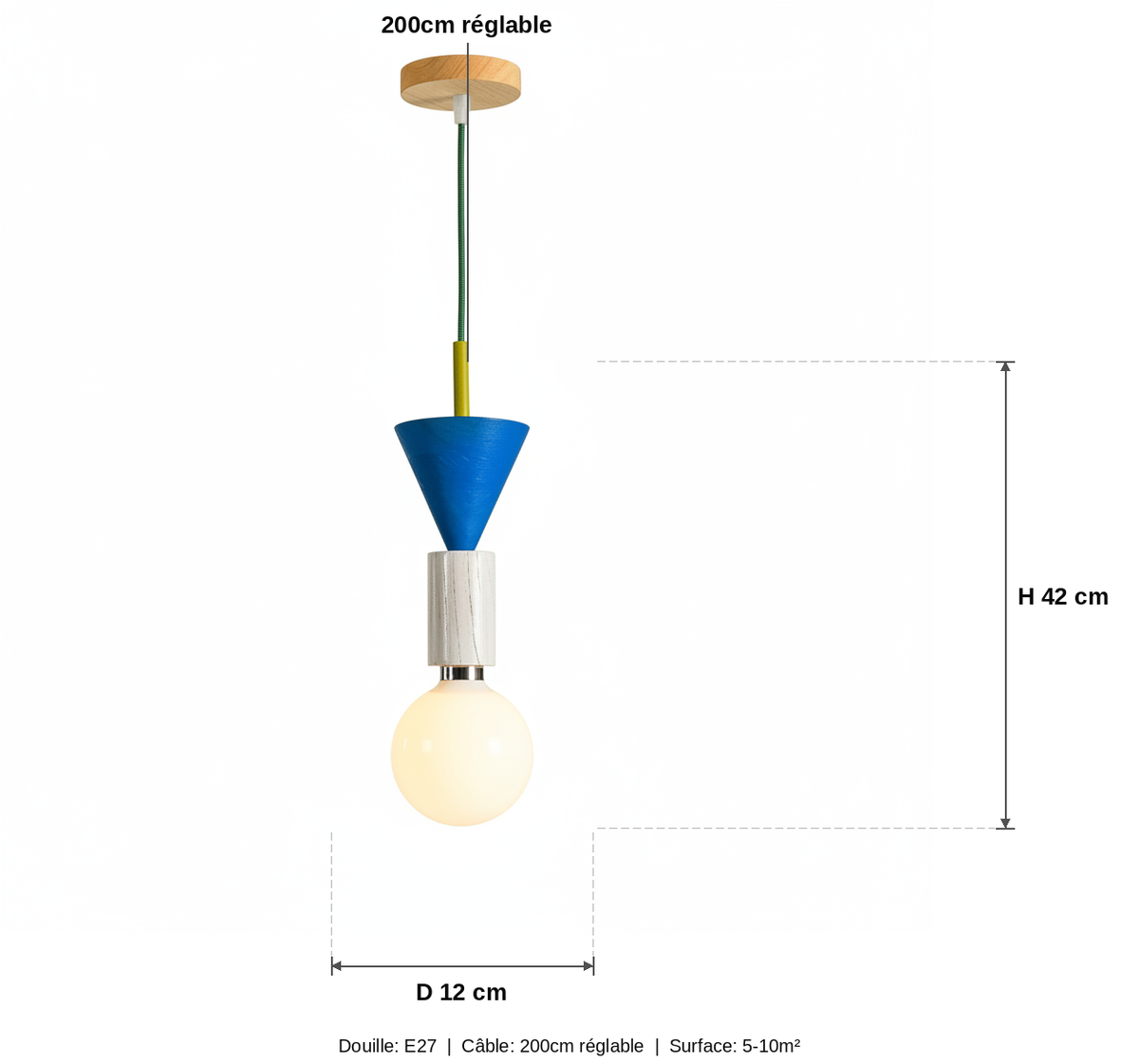 Suspension Bois Design Nordique Colorée - schéma des dimensions