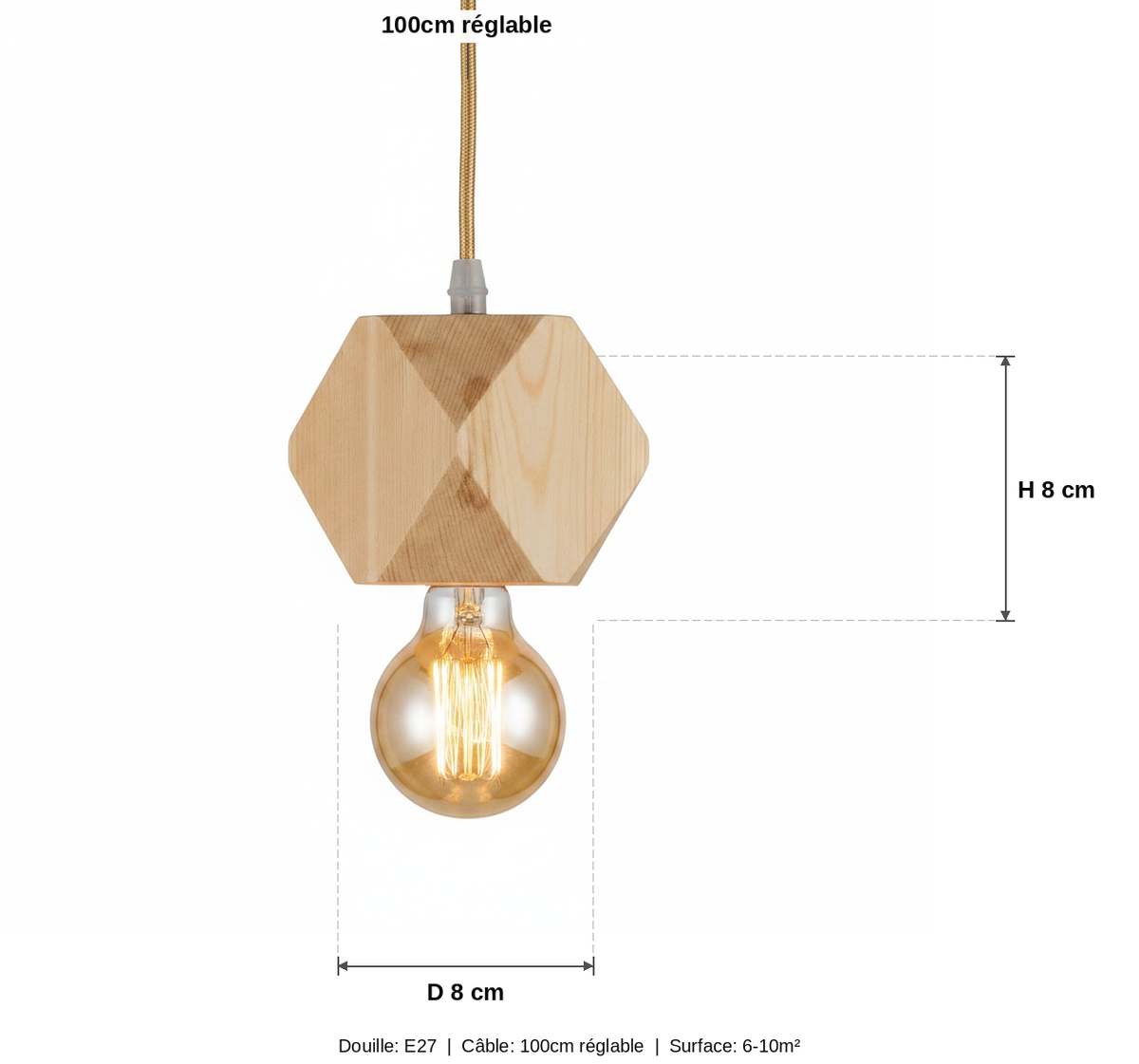 Suspension Bois Géométrique Diamant - Douille E27 Scandinave - schéma des dimensions