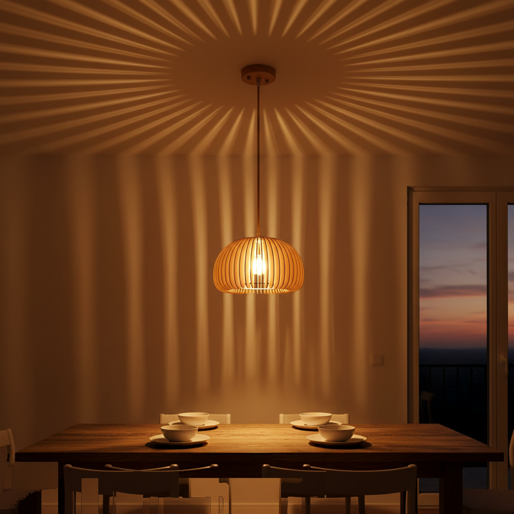 Suspension Bois Lamelles Dôme Japandi allumée diffusant sa lumière