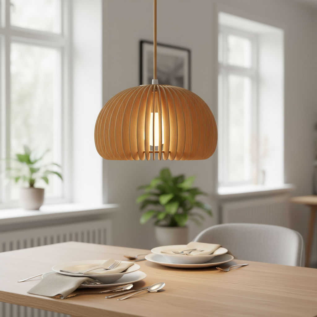 Suspension Bois Lamelles Dôme Japandi mise en ambiance dans un intérieur