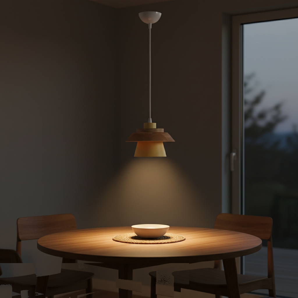 Suspension Bois et Métal Conique Style Macaron Nordique allumée diffusant sa lumière