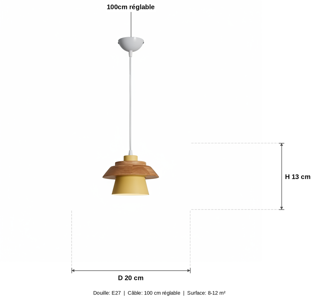Suspension Bois et Métal Conique Style Macaron Nordique - schéma des dimensions
