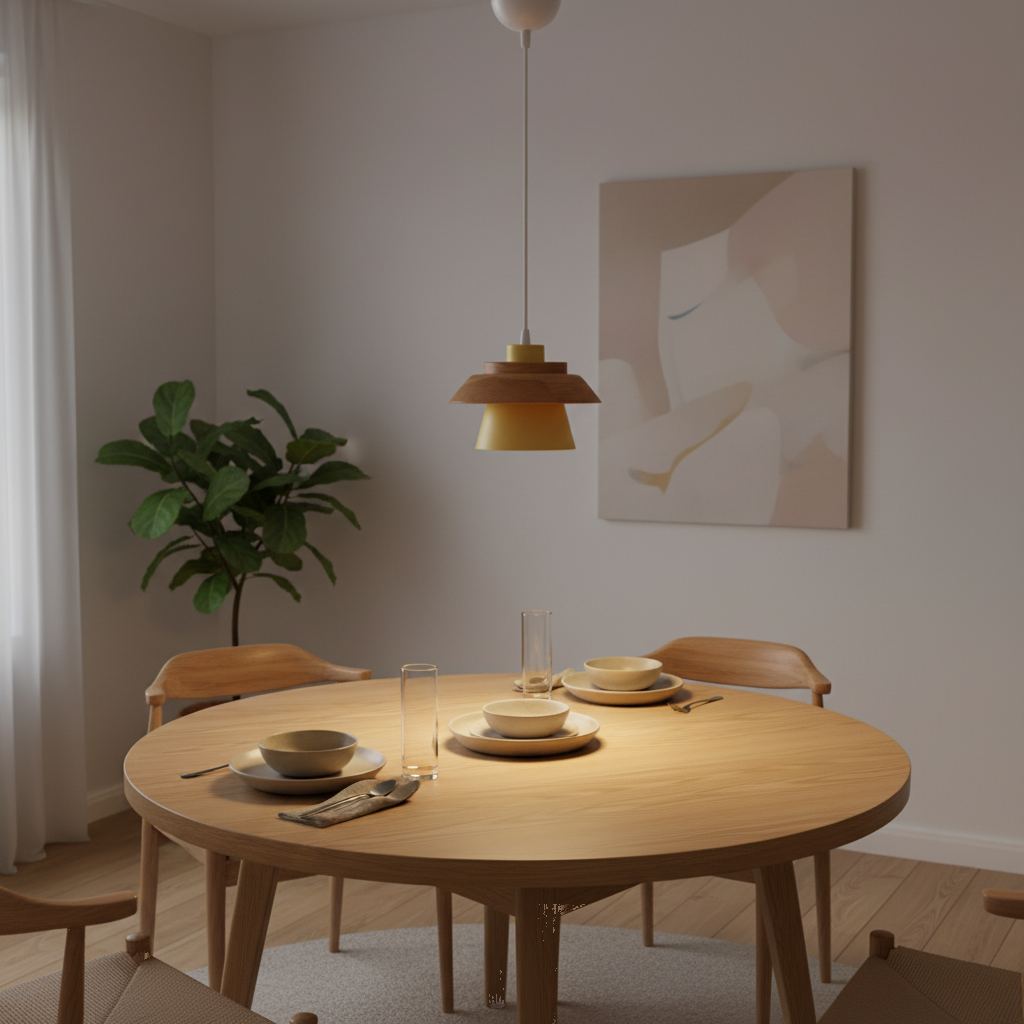 Suspension Bois et Métal Conique Style Macaron Nordique mise en ambiance dans un intérieur