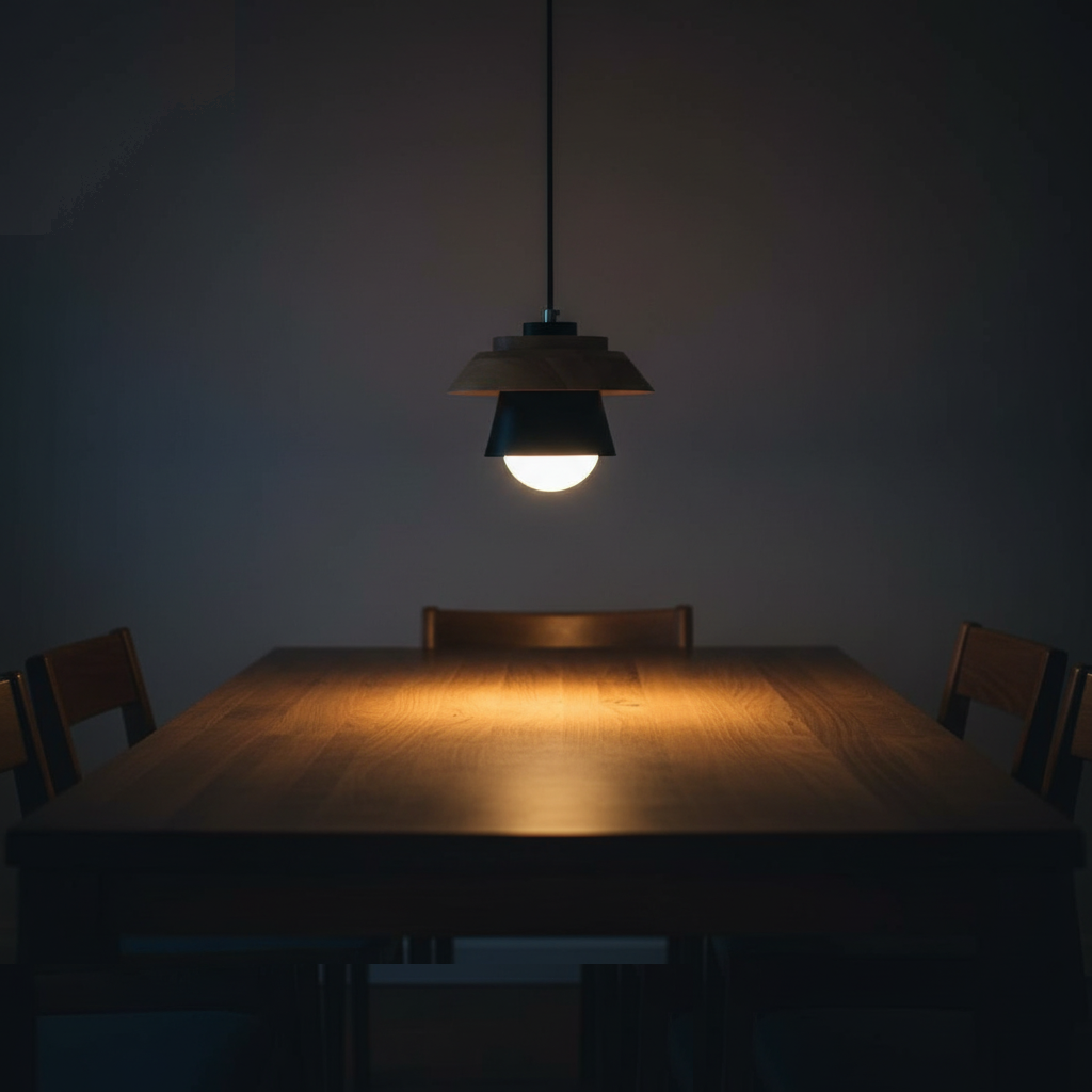 Suspension Bois et Métal Noir Design Japandi allumée diffusant sa lumière