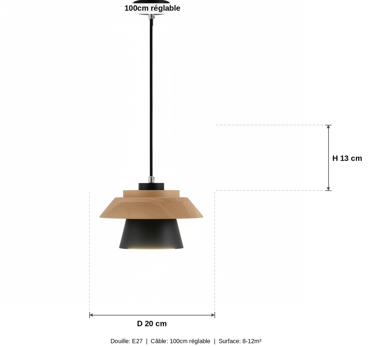 Suspension Bois et Métal Noir Design Japandi - schéma des dimensions